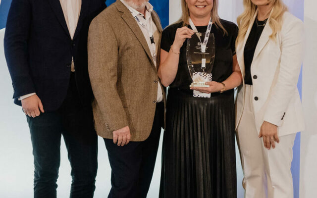 Pictured Anna Thornton, Brian Thornton, DNG Thornton Properties accepting their award with Darren Ronan of Virgin Media Business and Anna Geary.